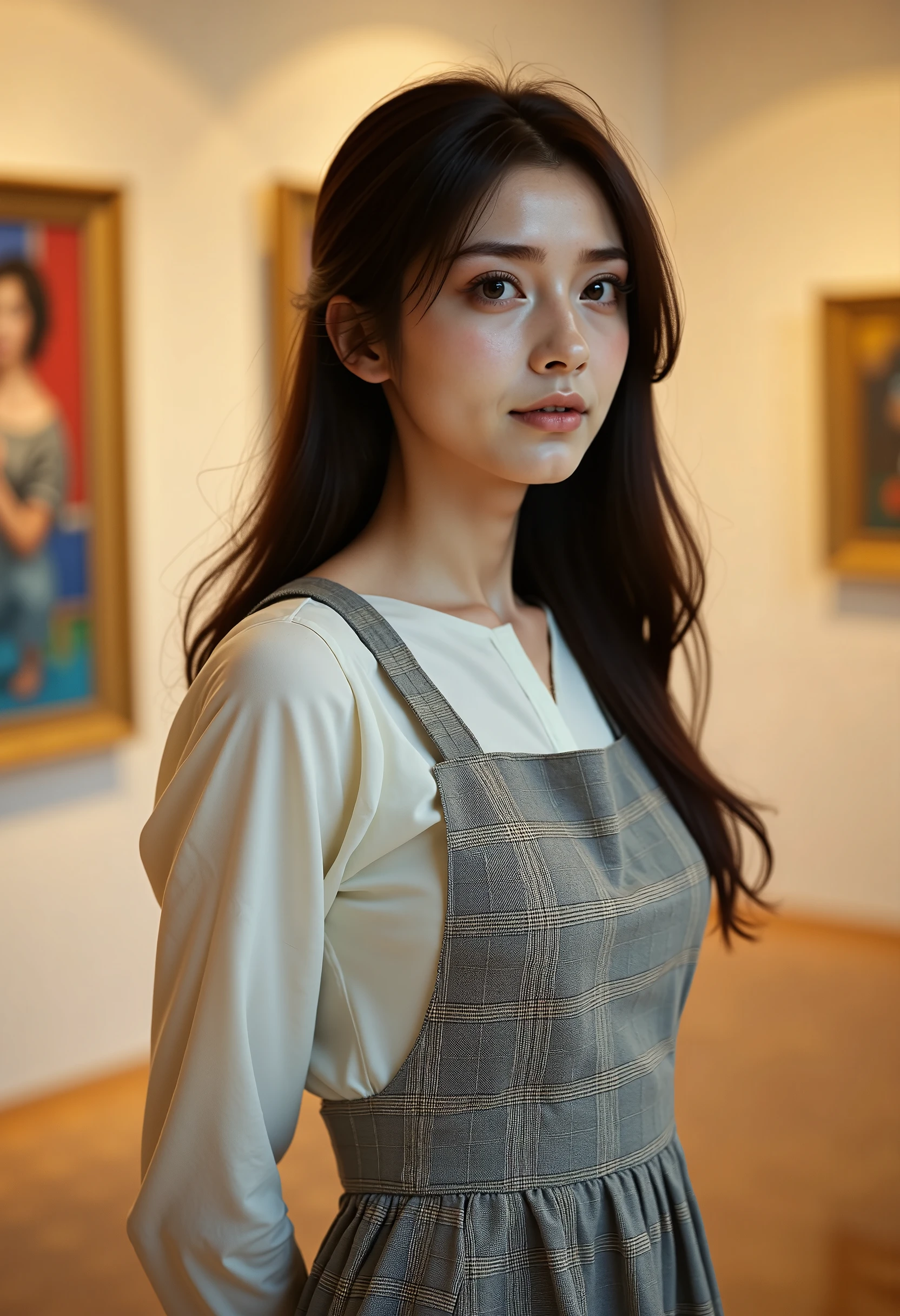 A highly realistic cinematic photograph of a young woman standing slightly turned to the side, with her body facing left and her head gently turned to the right. She has a calm and thoughtful expression, her gaze directed softly towards the right side of the image. She is wearing a vintage-inspired plaid pinafore dress in light gray tones over a long-sleeved white blouse. The dress features a flared skirt that falls just above the knees, and the soft fabric adds a subtle texture to her outfit. Her long, dark hair cascades loosely over her shoulders, with natural waves framing her face.
The color palette of the photo is muted and warm, with soft beige and pastel tones creating a gentle, nostalgic atmosphere. The lighting is diffused and soft, casting a serene glow across the scene. In the background, a colorful art gallery wall adds depth and contrast to the composition, slightly blurred with a shallow depth of field, creating a soft, bokeh effect. The lighting has a cinematic quality, with soft shadows and highlights that add a sense of warmth and intimacy, giving the scene a gentle, reflective mood. The overall atmosphere is peaceful and elegant, with a sense of timeless beauty.