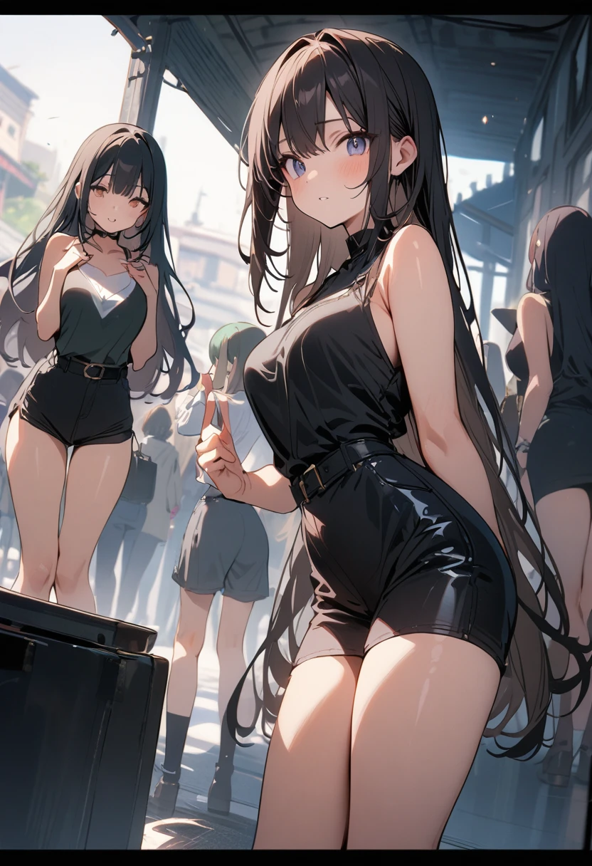 ((Best Quality, 8k, Masterpiece: 1.3)), 1 woman,, Beautiful girl with feminine abs: 1.3, Colossal: 1.2, (On a crowded train, black coat: 1.1), Big cleavage, Ultra detailed face, Highly detailed lips, Detailed eyes, Double eyelids, Short bob hair, White luxury lingerie, Soft skin, smile, Japan people, crowded, in the middle of undressing