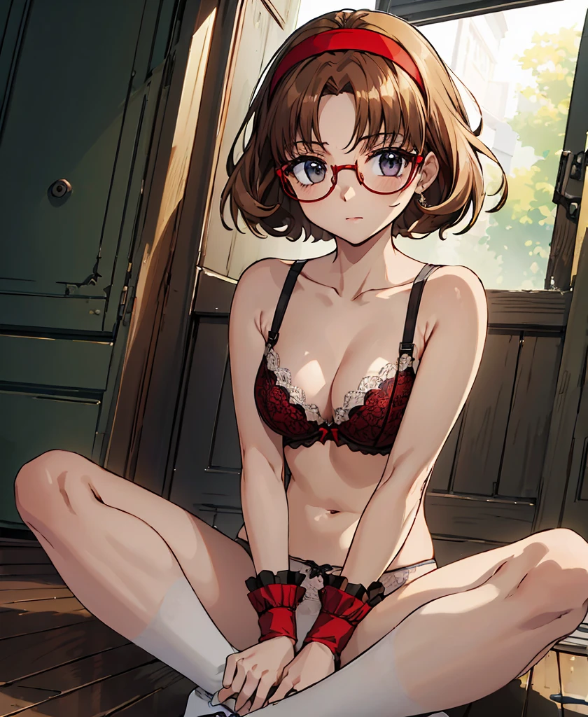 Phoenix Temple,One Girl,short hair,Light brown hair,Glasses、Embarrassed face,((Red Hairband)),masterpiece,Noise reduction,Perfect Anatomy,High resolution, Very detailed,Game CG,Cowboy Shot ,Attention to beautiful details,Visual Arts,Five fingers, Perfect hands, Perfect lighting,In underwear、bra、Panties、Western-style room、Sitting on the floor、Spread your legs wide、M-shaped leg spread