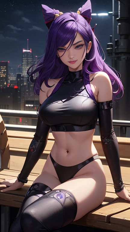 (Highly quality, masterpiece, detailed), night city detailed scenario, night city detailed background, 20 years old girl, solo, Psylocke_mains, long hair, smile, red ribbon, black crop top, medium breasts, purple eyes, purple hair, sitting on a bench, navel, perfect face, beautiful eyes, looking at the viewer, Sexy pose