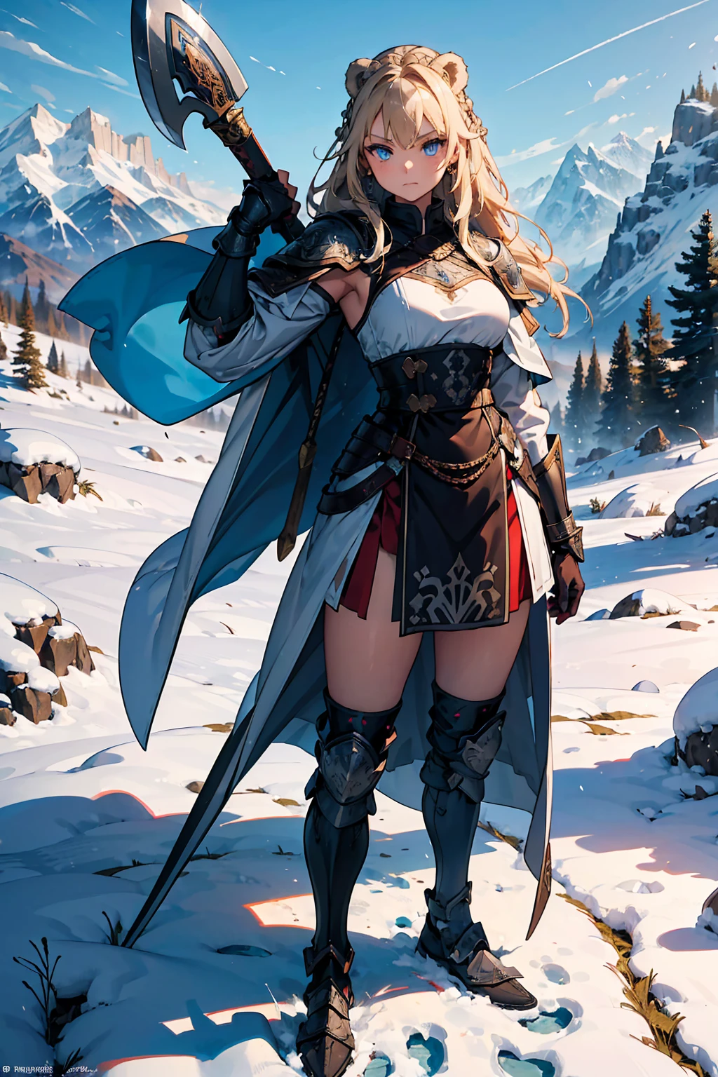 (((masterpiece, best quality, high detailed, 16k))) (1girl) A fierce and stoic Nordic warrior with long, braided blonde hair and icy blue eyes. She wears heavy armor adorned with intricate engravings and symbols of her clan, combined with animal pelts that add warmth and a primal touch. Over her shoulders, she drapes a cloak made from the fur of a majestic bear, giving her a commanding and wild presence. She carries a large, rune-inscribed battle axe and stands tall against a backdrop of snowy mountains. ((full body view))