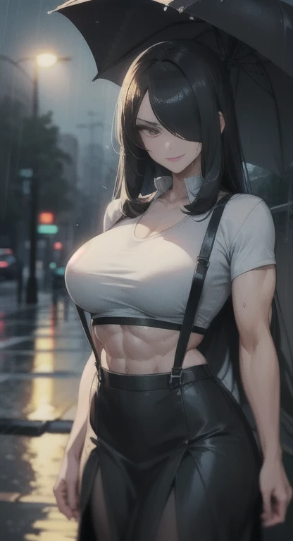 Sweating, Black hair, Cynthia, rain everywhere, Cynthia covered in rain, looking at viewer psychotically, creepy smirk, crop top, leather skirt, suspenders, home, toned muscles, sidewalk,