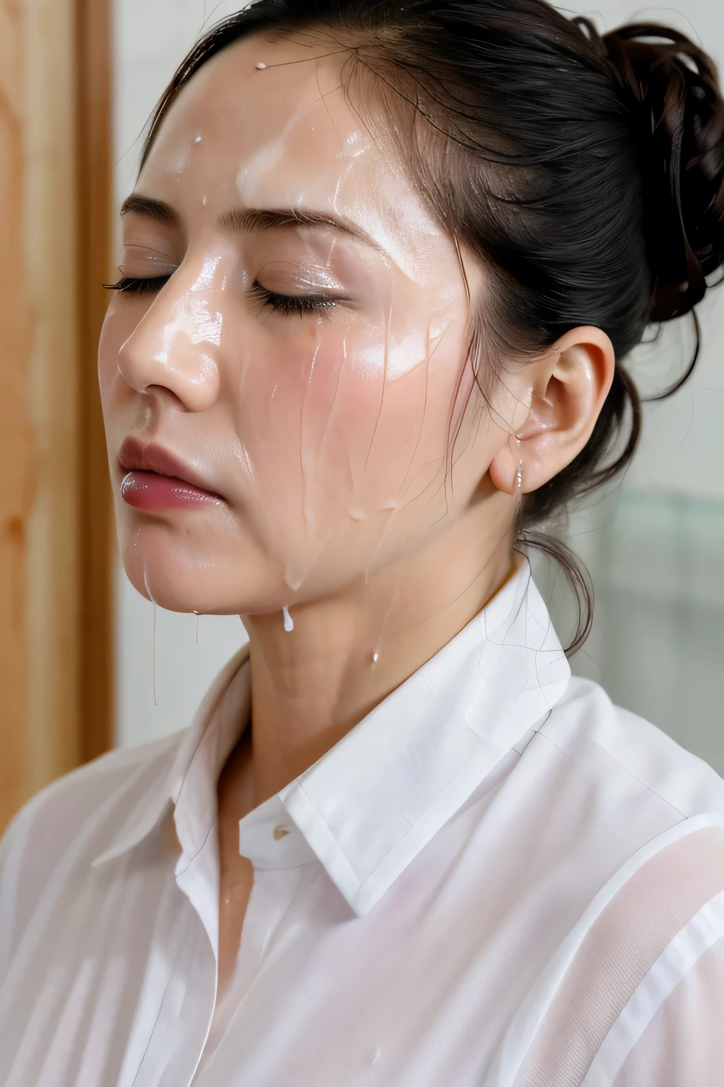 Beautiful Japanese actresses,(photo Realistic:1.4), (hyper Realistic:1.4), (Realistic:1.3),Very detailed, Edge Orgasm,face Focus, Woman with open mouth and closed eyes , A woman with an edge _face、3、Black Hair、 News anchor、Very small toilet,((sweat)),((skin shining with sweat))((Clabrasion glistening with sweat,face shining with sweat)),（(sweaty skin))((sweaty skin)),Entrance to the house、In front of the entrance、In front of the shoebox、White collared shirt,Hair tied up、teacher,((Wet Filter)),((faceをクローズアップ))