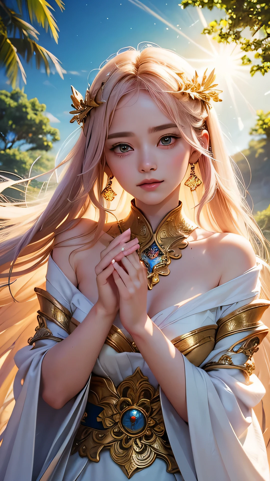 (Portrait),"Maiden of Love and Sunshine": In a sacred sanctuary bathed in sunlight, Depicting the goddess of love, Facing forward, shedding a sacred glow. Focus on the face, A ball of light shines in her hand, Represents the life-giving power of the sun. Her hair is shining gold. The background should be predominantly pink, A sense of sacred grandeur, Add a blue sky、Increases the sense of openness and brightness even more. Heaven is a Stage, kind, Bright light, One can find peace of mind and peace of mind, No trace of anxiety. moreover, The light emanating from her hands should take the shape of a glowing heart., Resting gently in the palm of her hand.
