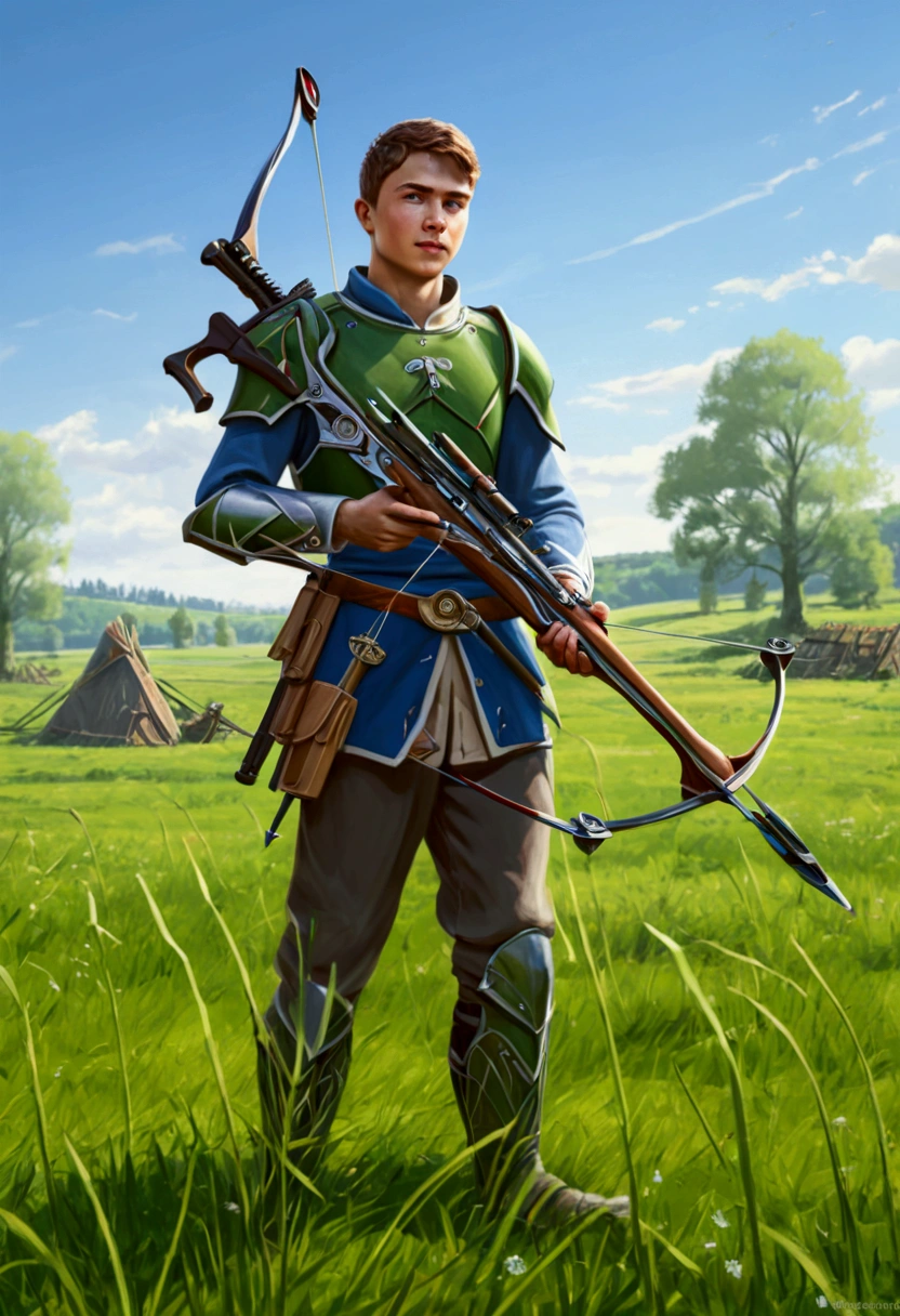 in the style of the imperial legion, Hand drawn, masterpiece 1.4 Detailed Contents、perfect shading, (best quality) , green meadow, blurred background, blue sky, young guy with a crossbow, Crossbowman, hunter&#39;s clothing