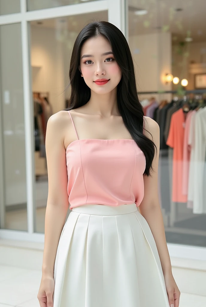 Photography, realistic, full-body shot of a Asian girl wearing a pink sleeveless shirt and white skirt standing in fashion store, she has pretty lipstick, daylight, detailed, beautiful makeup 