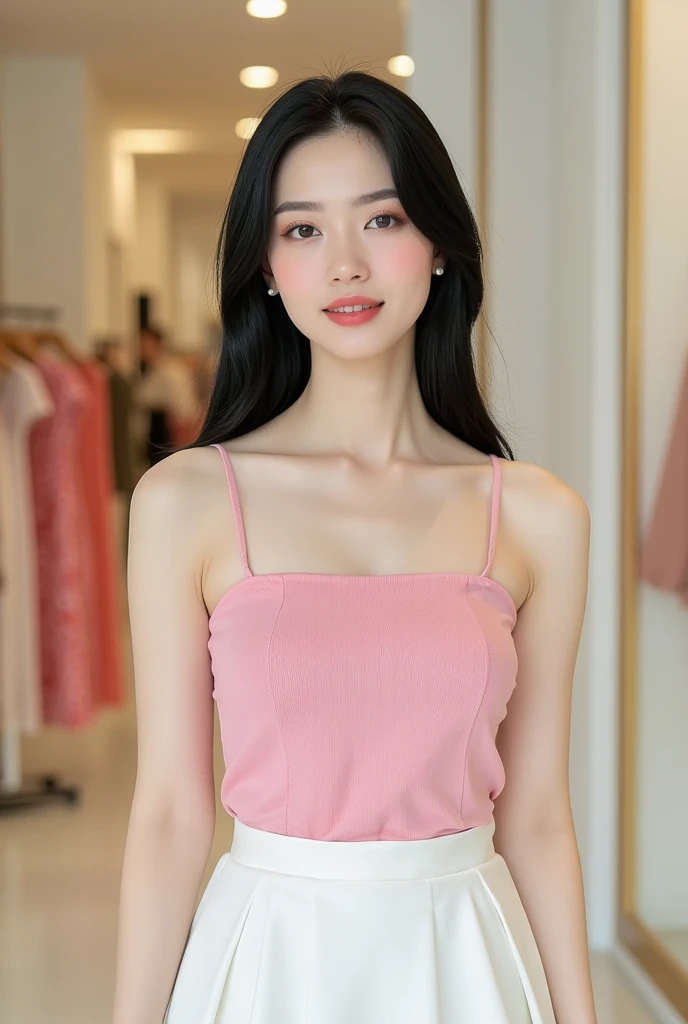 Photography, realistic, full-body shot of a Asian girl wearing a pink sleeveless shirt and white skirt standing in fashion store, she has pretty lipstick, daylight, detailed, beautiful makeup 