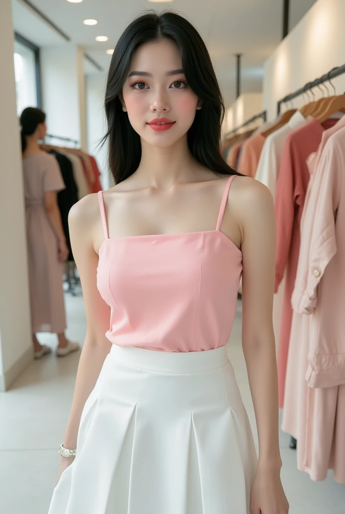 Photography, realistic, full-body shot of a Asian girl wearing a pink sleeveless shirt and white skirt standing in fashion store, she has pretty lipstick, daylight, detailed, beautiful makeup 