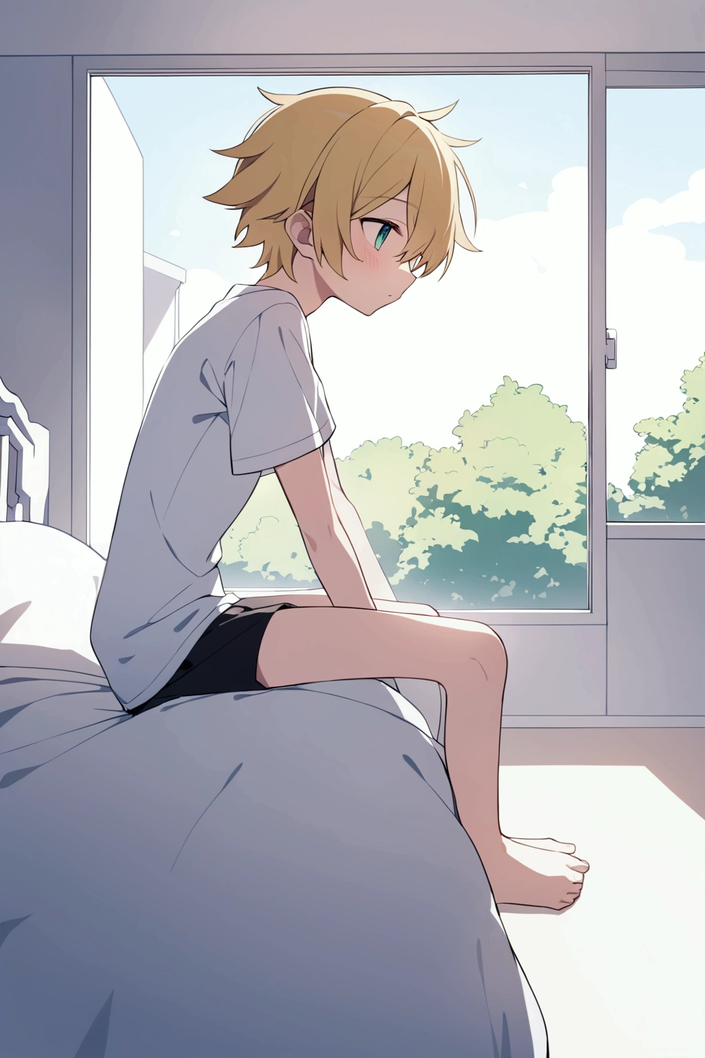 Cute anime boy, blond hair, skin very white, shy, very hot, showing her bare feet, soles of the feet, beautiful and aesthetic feet, sitting on his bed, wearing light clothing
