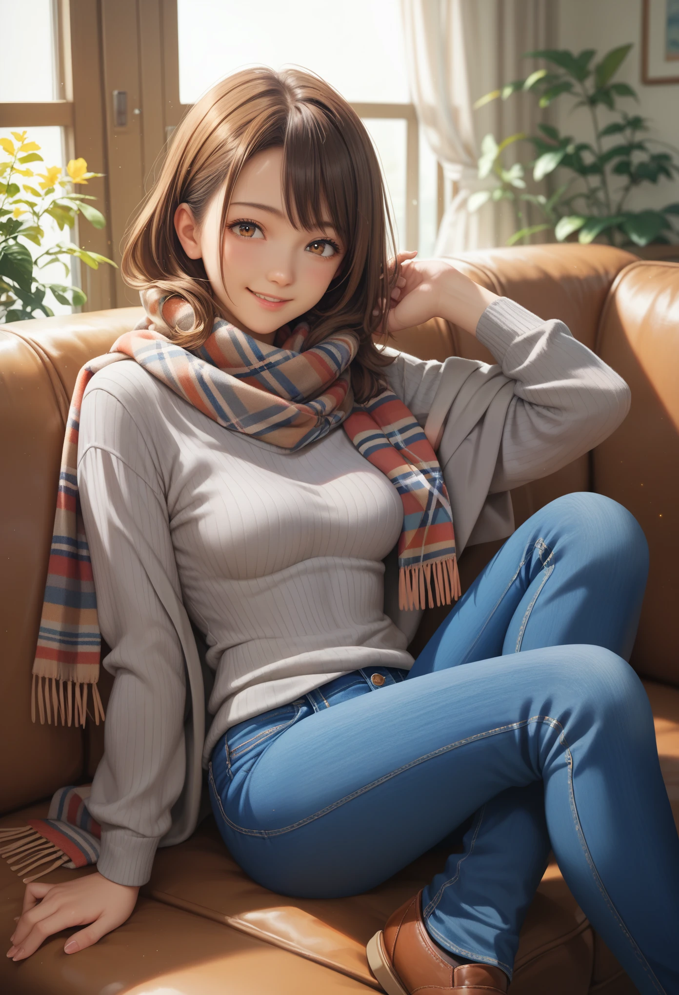 anime, Brown hair, medium breasts, brown eyes, slight smile, jeans, scarf, Gray sweatshirt, blue trousers, seat, cross-legged, inside a smart home, seat on the couch, Asada Shino&#39;s face, anime Sword Art Online, best quality, masterpiece, maximum quality, Full Detailing, complex details, Soft Light from the Window Rays, bright colors, 8 k, light makeup, blush, 