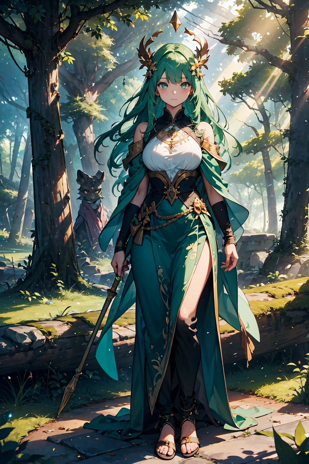 ((full body shot)) of a girl in natural, leafy armor with vines and flowers woven into the design, standing in an enchanted, ancient forest. She has long, flowing green hair and glowing, emerald eyes. Her skin has a faint, earthy texture, and she is adorned with various pieces of nature, like feathers and crystals. She holds a staff made of twisted wood and adorned with glowing runes. The atmosphere is {tranquil|magical}, with shafts of sunlight piercing through the dense canopy. The ground beneath her is a lush carpet of moss and fallen leaves, reflecting the vibrant life and adding to the natural ambiance. Surrounding her are various woodland creatures and glowing plants in shades of {green|yellow}, casting a warm, natural glow. The background features towering, ancient trees and mystical stone formations, hinting at a hidden, magical sanctuary. The scene is serene and mystical, with her face showing a gentle yet powerful expression, her eyes focused intently on her surroundings.

[Best quality], [Masterpiece], [Ultra-detailed], [4k], {tranquil|magical} atmosphere, ancient forest, {dynamic pose|serene pose}, sunlight illumination, {soft shadows|dappled lighting}, {reflected light on moss:0.7}, {glowing plants:0.6}, {woodland creatures:0.5}, {ancient trees:0.4}, {mystical stones:0.3}.