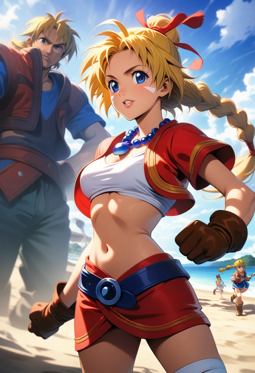 1 adult woman, character "Kid" from chrono cross, kid (chrono cross), ((mature face)), 20 years old, yellow hair in a high braided ponytail, (medium-small bust:1.4), navel, standing on white sandy beach, in various fighting poses, fitted jacket 3/4 cropped (red), white top under jacket, tight fitting micro skirt (red), bikini underboob, loose leather boots, ankle wraps, detailed face, detailed eyes, detailed lips, highly detailed hands, 8k, UHD, ultra-detailed 90s era anime style, cinematic lighting, vivid colors, dramatic shadows, masterpiece, award winning art, wide angle, (full length portrait), (kdecc, ponytail, facial mark, necklace, crop top, vest, midriff, skirt, gloves), 