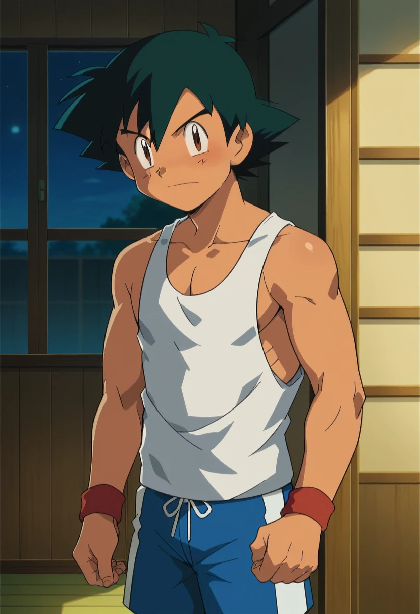 1boy, 1solo, ash ketchum, black hair, brown eyes, hair between eyes, ash ketchum, inside a beach house, room, at night, tank top, shirtless, shorts, handsome boy, macho, good looking boy, sexy poses, lifting his tank top, undressing