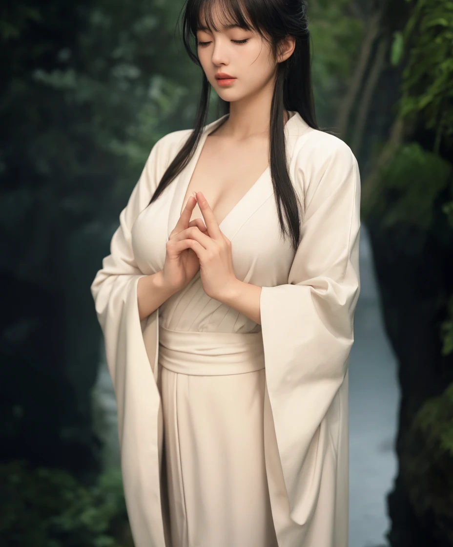 8k,超A high resolution,real looking skin,Horror movie shot of 気味悪い girl with long straight black hair, Sadako,Super beauty(Like the real thing), Wearing a dirty hospital gown, ,Standing in front of a large old well in the forest,thirds rule, Tonal color scheme, Pale Brown,堵嘴, Bokeh, mystery, Horror, In the style of Denis Villeneuve, Film Still, cinestill 800,Fantasyart,character art,a smile,very large breast,A sexy,enticing,Look at viewers,enticingな,