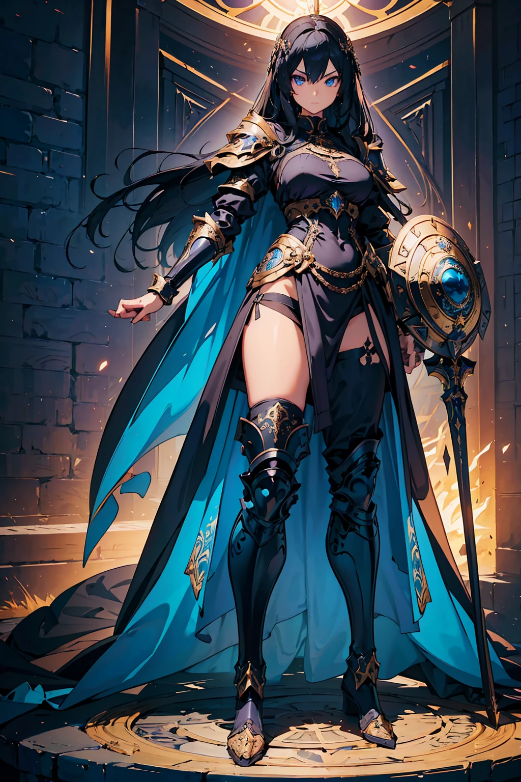 Design a layout showcase Gaming character, (1girl). A breathtakingly beautiful young slender female Paladin with long tied, flowing, black hair and intense blue eyes , wearing an ornate godly, dark purple + black + gold armor(extremely detailed:1.2) , wielding an ornate mace and shield ((full body shot:1.4))