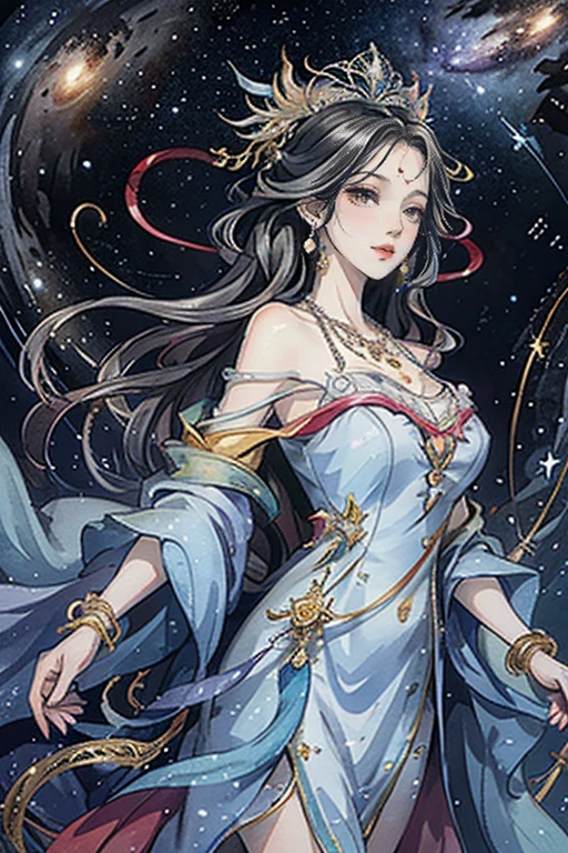 （masterpiece，Best Quality，High resolution, Unity8k wallpaper, Official Art), (One young beautiful girl), colorful, Detailed illustration art, Super detailed，Large Breasts, (Intertwined, Datura stramonium, Tangle), The Goddess, White lace dress, Silver Tiara, necklace, earrings, Gold Bracelet, Off the shoulder, Look at me and smile, Divine Light，Like a painting, flash drawing，Vibrant colors, Perfect Majic, Fantasy World, background, star雲, star, milky way, Detailed digital art, 