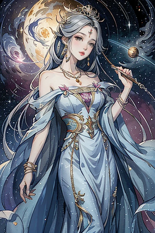 （masterpiece，Best Quality，High resolution, Unity8k wallpaper, Official Art), (One young beautiful girl), colorful, Detailed illustration art, Super detailed，Large Breasts, (Intertwined, Datura stramonium, Tangle), The Goddess, White lace dress, Silver Tiara, necklace, earrings, Gold Bracelet, Off the shoulder, Look at me and smile, Divine Light，Like a painting, flash drawing，Vibrant colors, Perfect Majic, Fantasy World, background, star雲, star, milky way, Detailed digital art, 