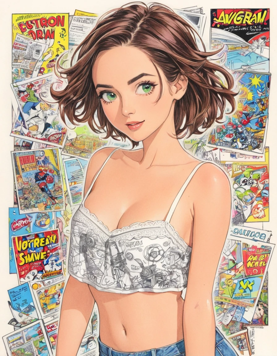  woman，Short camisole，white，art，advertisement，Colored pencil drawing，draft ，Comic Collage