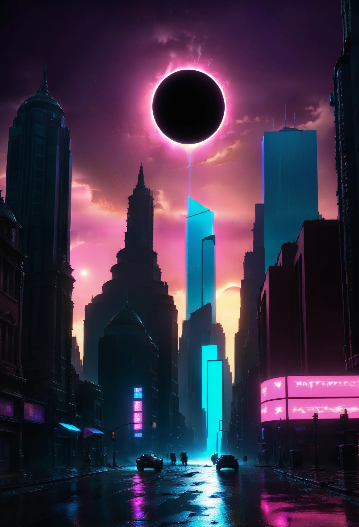 Score_9, score_8_up, score_7_up, masterpiece, eclipse, reddish purple sky, rain, sci-fi, futuristic neon-lit city in foreground, street level view, blue and pink lighting