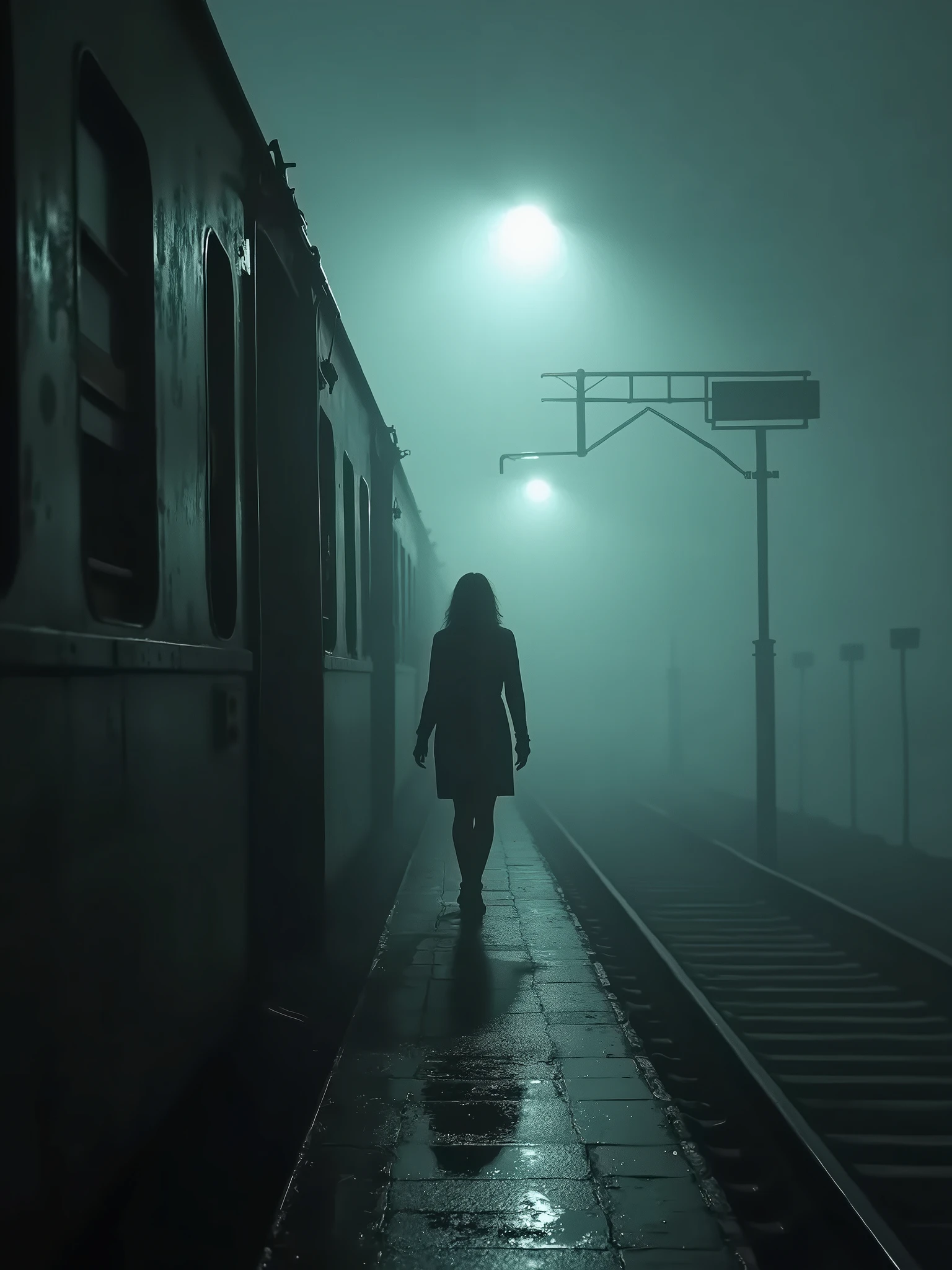 The woman steps off the train onto an empty, dimly lit platform.fogs