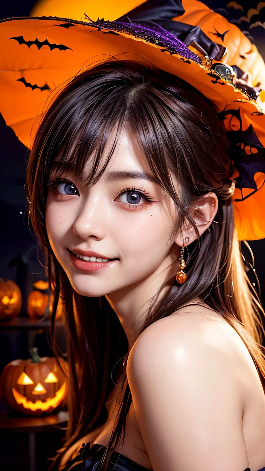 (table top,a 25 years old girl, detailed cutie face, beautiful balanced clear detailed eyes, detailed dropped eyes, ultra big smile, extremely detailed face,ultra slender body,short hair,anime style, (halloween costume):2.0), Highres fix,colorful lights, pumpkin decorations, haunted house, best quality, 4k, highres, masterpiece, realistic, photorealistic, photo-realistic, vivid colors, intricate details, fantasy, soft lighting, magical