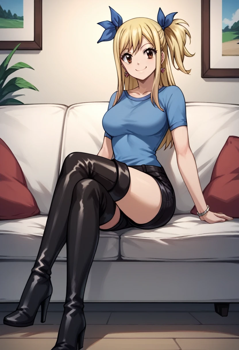 score_9, score_8_up, score_7_up, score_6_up, score_5_up, score_4_up, source_anime, 1girl,lucy heartfilia, smile, blonde hair, long hair, side ponytail, blue ribbon, brown eyes, middle breasts, earrings, thigh boots, black boots, long heels, blue shirt, black shorts, crossed legs, sit, sofa, room, best quality, best res, 4K UHD,
 