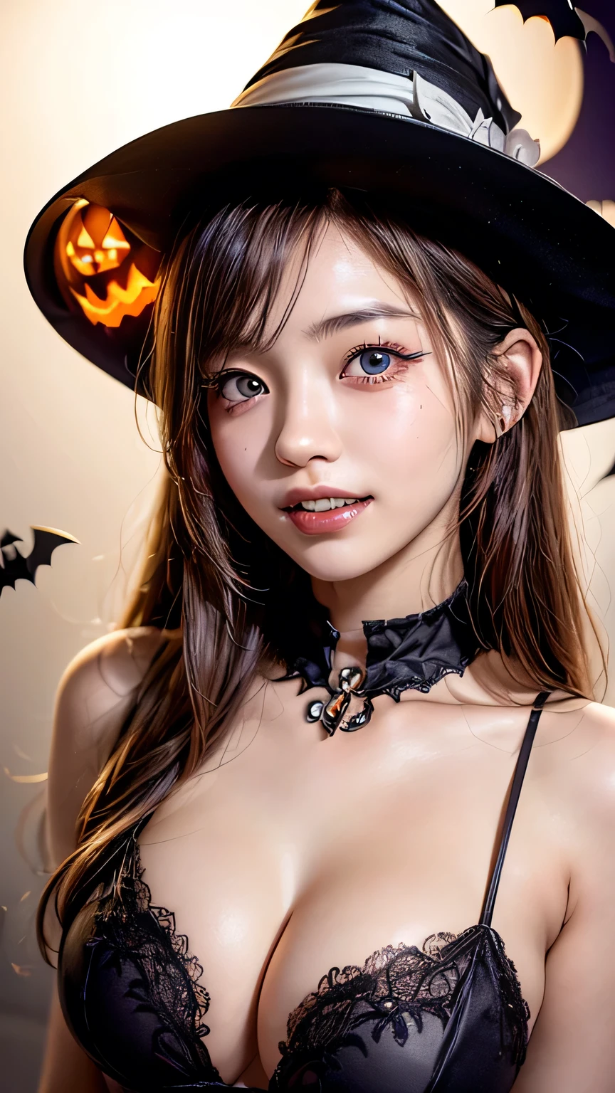 High resolution,8k,highest quality,detailed,Semi-realistic anime,Anime 3D Style,Smooth anime CG,One Girl,A 20-year-old Japanese woman,slim,Modeled,Shiny brown hair,Medium Hair,detailedな顔,Beautiful and detailed,Glowing Skin,(Halloween,Witch Cosplay),autumn's,sunset,, Outdoor, (Forest of dead trees), (Obake),(Halloween), (Dynamic Pose:0.8),Hard Focus、Film Grain,Soft lighting,Wind,Looking at the audience,Laughter,Angle from behind