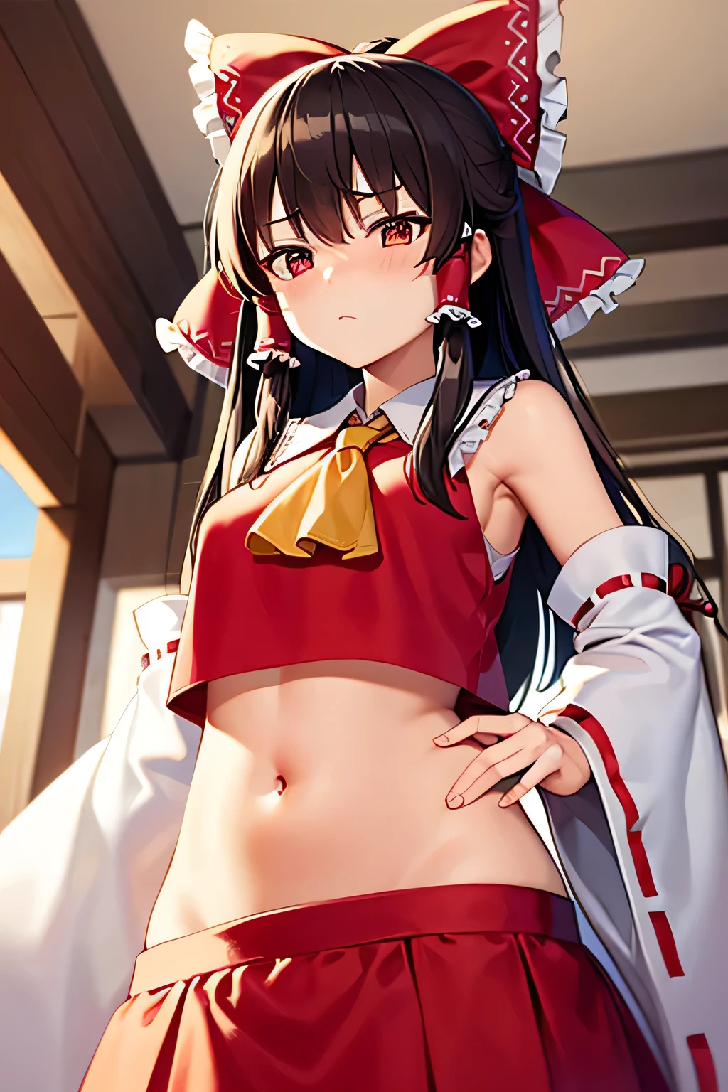 super fine illustration, vibrant colors, masterpiece, sharp focus, best quality, depth of field, cinematic lighting, ultra detailed, blush, embarrassed, afraid, navel, belly button, tummy, hips, shrine maiden, hakurei reimu, 1girl, hair bow, ascot, hair tubes, detached sleeves, looking down, red shirt, red skirt, long skirt, long hair, dark brown hair, indoors, mature woman