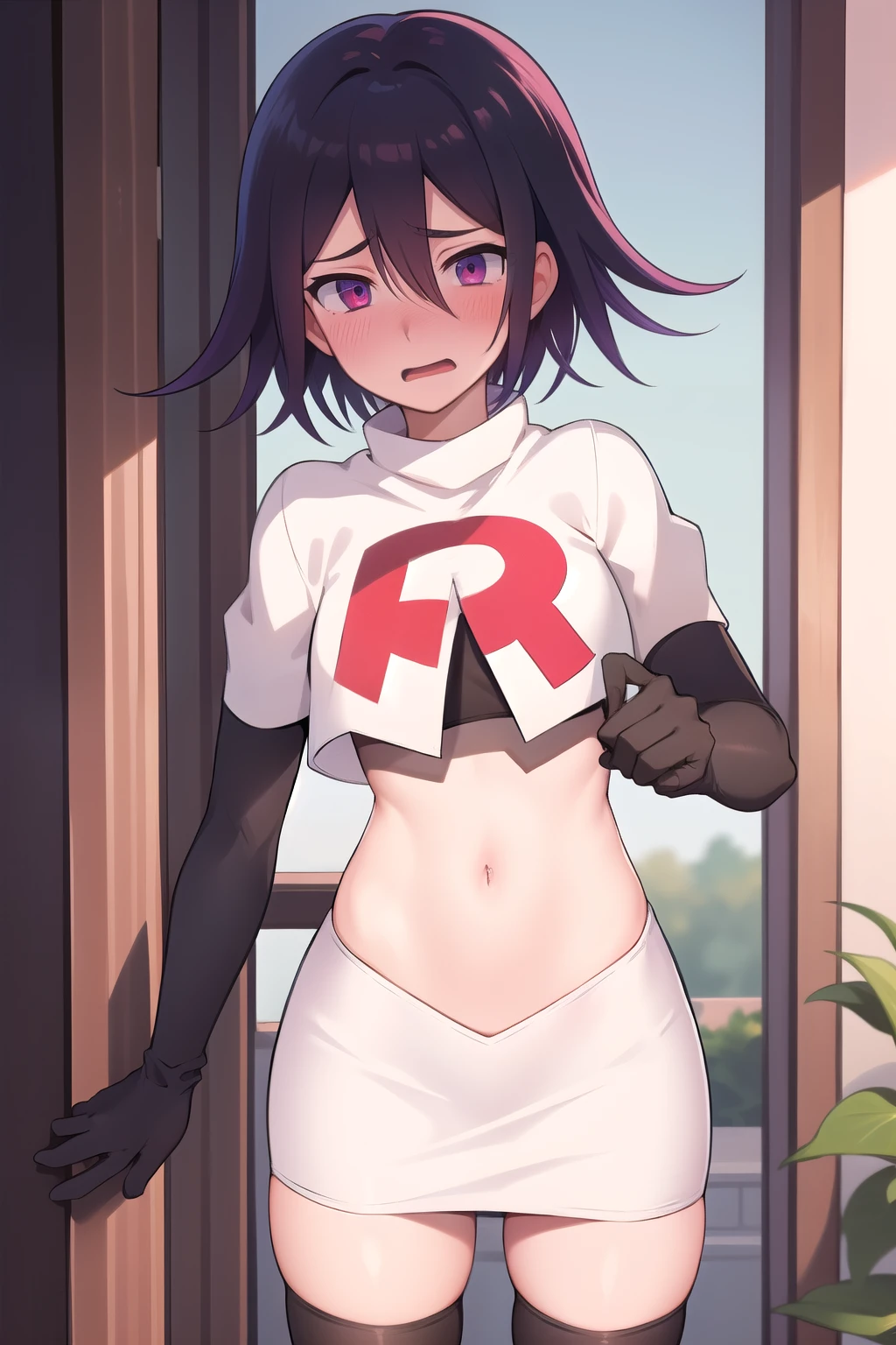 absurdres, cowboy shot, solo, male focus, trap, 1boy, crossdressing,1boy, oma kokichi, team rocket,team rocket uniform,white skirt,red letter R,crop top,black thigh-highs,black elbow gloves, embarrassed, blush