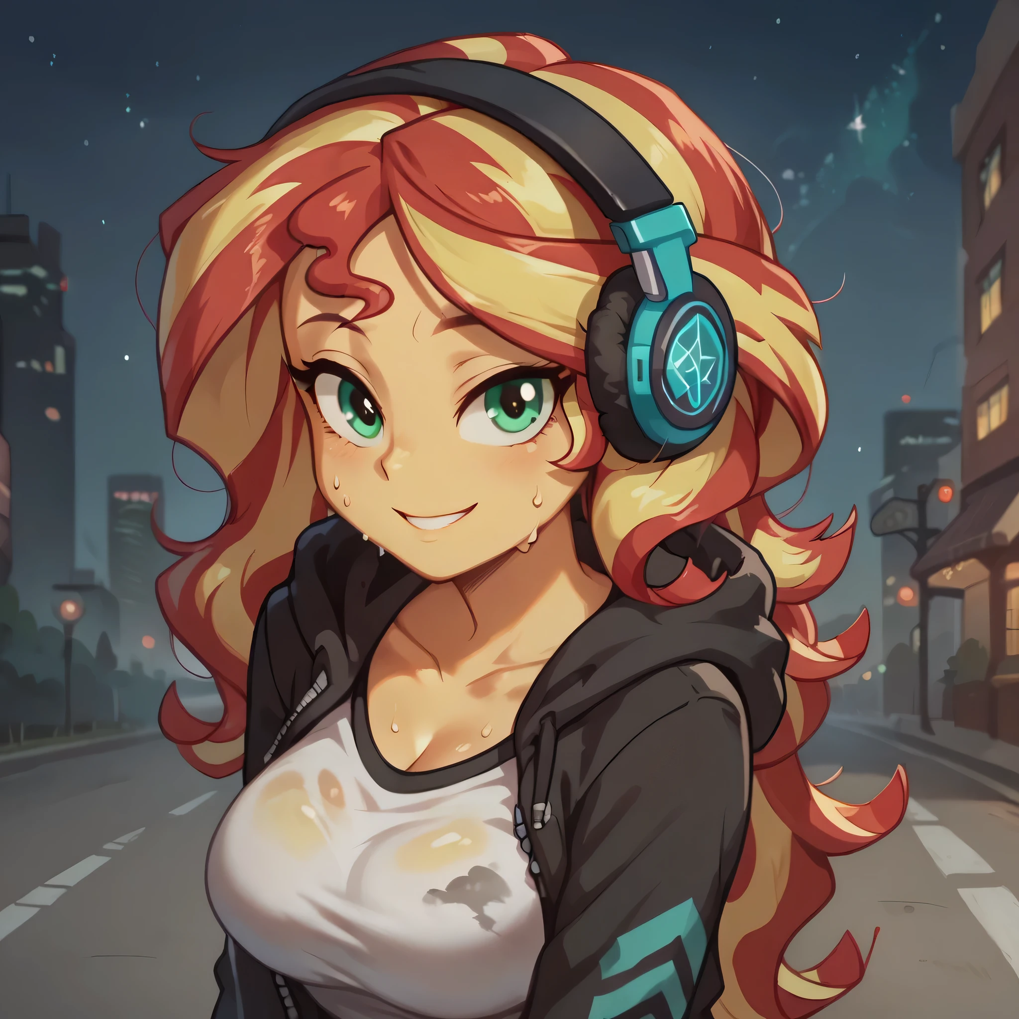 headphones, city, building, skyscraper, cityscape, earmuffs, night, 1girls, female focus, star \(sky\), solo, shoes, street, city lights, outdoors, sky, hoodie, shorts, starry sky, night sky, sneakers, skyline, hood, road, tower,Looking at the viewer,large breast,breasts, 1girl, breast, solo, smile, sweat, collarbone, upper body, large breasts, close-upSunset shimmerEQG,Red hair, Green eyes ,Yellow skin,Multicolores hair, Red hair,Blonde hair, Wavy hair, Messy hair,Expressiveh