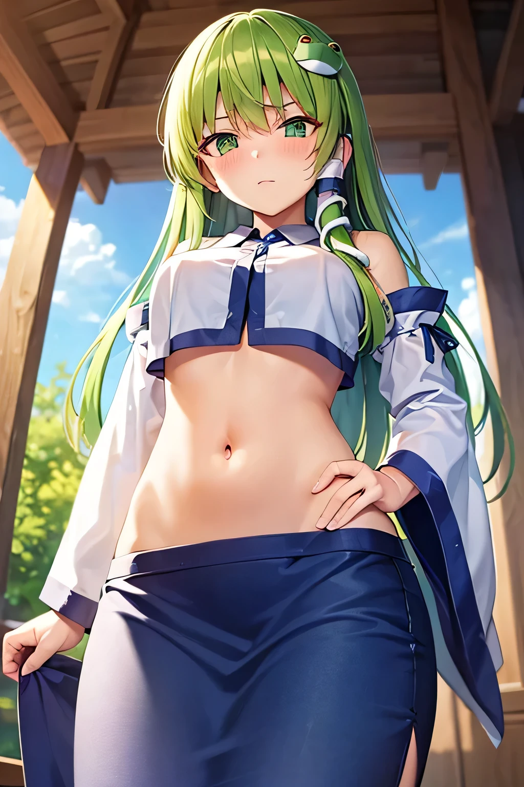 super fine illustration, vibrant colors, masterpiece, sharp focus, best quality, depth of field, cinematic lighting, ultra detailed, blush, navel, shrine maiden, kochiya sanae, looking down, very long hair, green hair, green eyes, hair tubes, frog hair ornament, snake hair ornament, detached sleeves, white shirt, blue skirt, miko, makeup, annoyed, indoors, hands on own stomach, 1girl, mature woman, crop top overhang, wide hips
