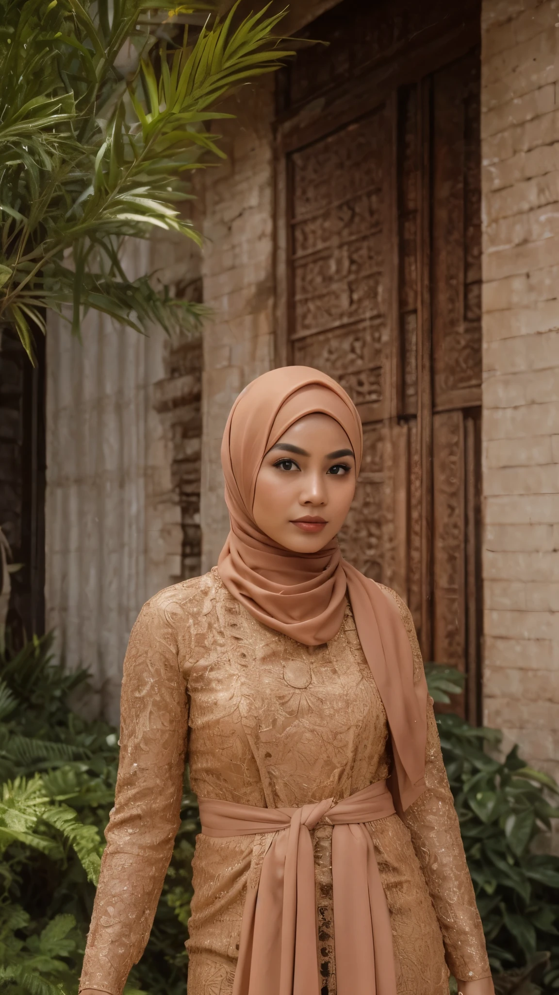 Generate an image of a typical Malay girl in hijab with a natural dark skin tone, no make up, bare face, dark pale face, pucker lips, embodying the essence of a malay setting, potray her as a common malay malay girl, wearing baju kebaya, 8mm, establishing shot, cool-toned color grading, depth of field, film noir. 