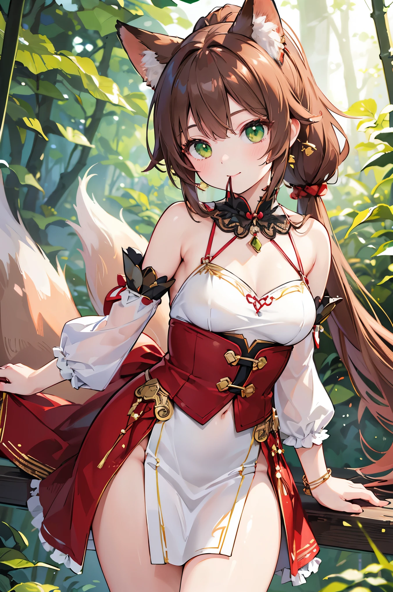 (best quality,4k,8k,highres,masterpiece:1.3),ultra-detailed,(realistic,photography,photo-realistic:1.37), smooth, smooth skin texture, real life, 1girl, fox girl, green eyes, naughty, smiling, TingYun, tingyun from Honkai Starrail, earringsbrown hair, animal ears, ponytail, hair ornament, green eyes, red eyeshadow, jewelry, detached sleeves, medium breasts, dress, tail, bracelet, one tail, mouth slightly open, wandering in the forest, red riding hood, sexy, misty