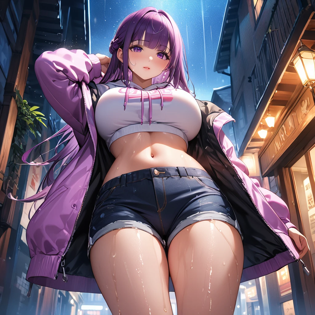 (beautiful girl: 1.3),One girl,masterpiece, Please redeem, Ultra-high resolution,Rich contrast,super high quality,8k,Highly detailed CG unit wallpaper,Texture,Very absurd,Ultra-high resolution,RAW Photos,Realistic skin texture,full body,(Low angle),night,In the town,Hands behind head,((standing)),Open your knees to the left and right,Spread your legs,Bow-legged,Fern \(sousou no freezing\), large breasts, long hair, purple hair, half updo, blunt bangs, purple eyes,(Depth of written boundary:1.2),Very detailed eyes,Glowing Skin,(((Wet))),Glitter Effect,Beautiful glossy lips,(Hoodie and shorts:1.3),Sweating,Extra large breasts,Extra large ass,Concave stomach,Glare,Facing the camera