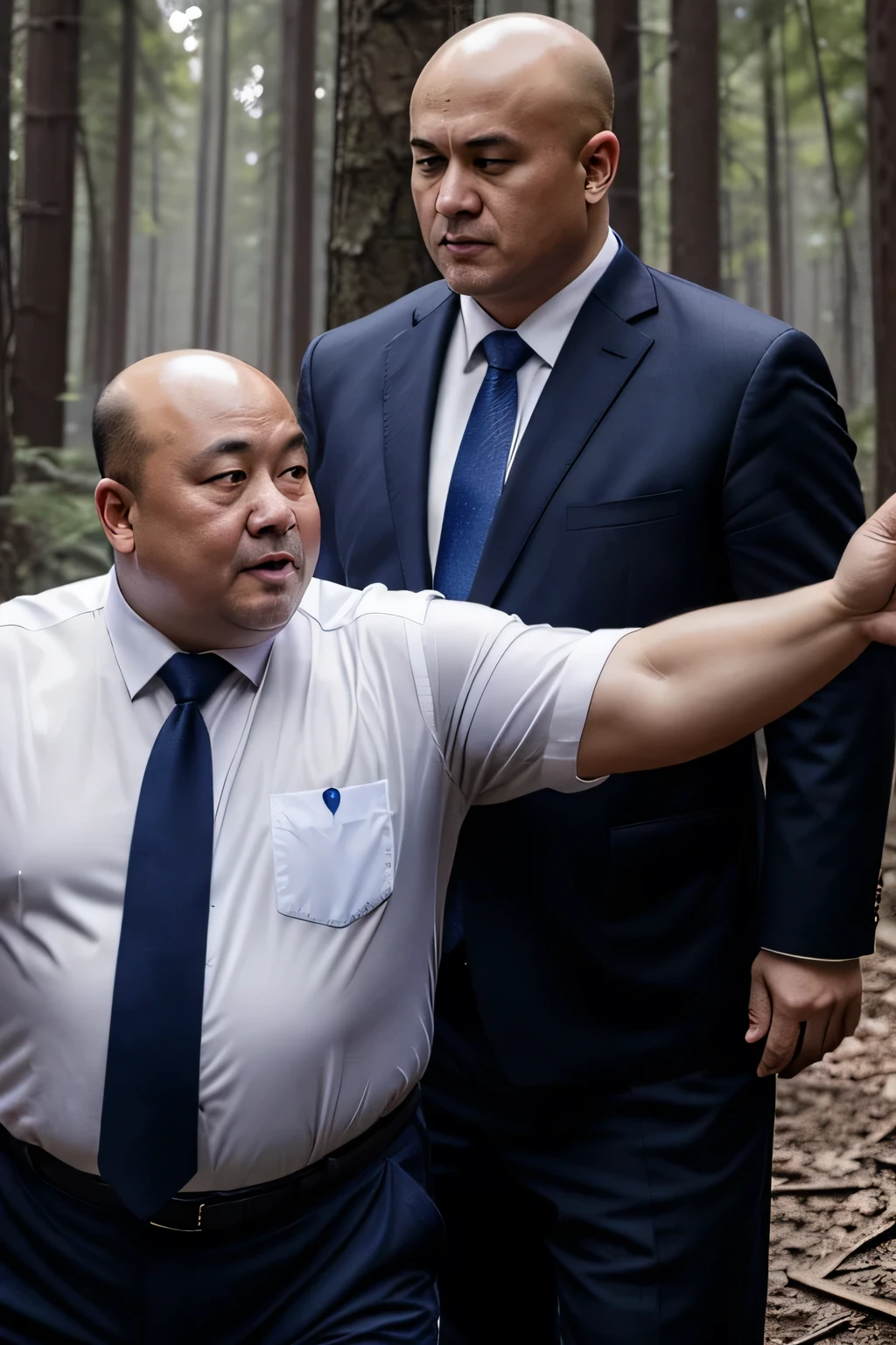 Two people wearing white shirts，Dark blue tie，Fat Chinese mature bald round-faced middle-aged man fighting in the forest