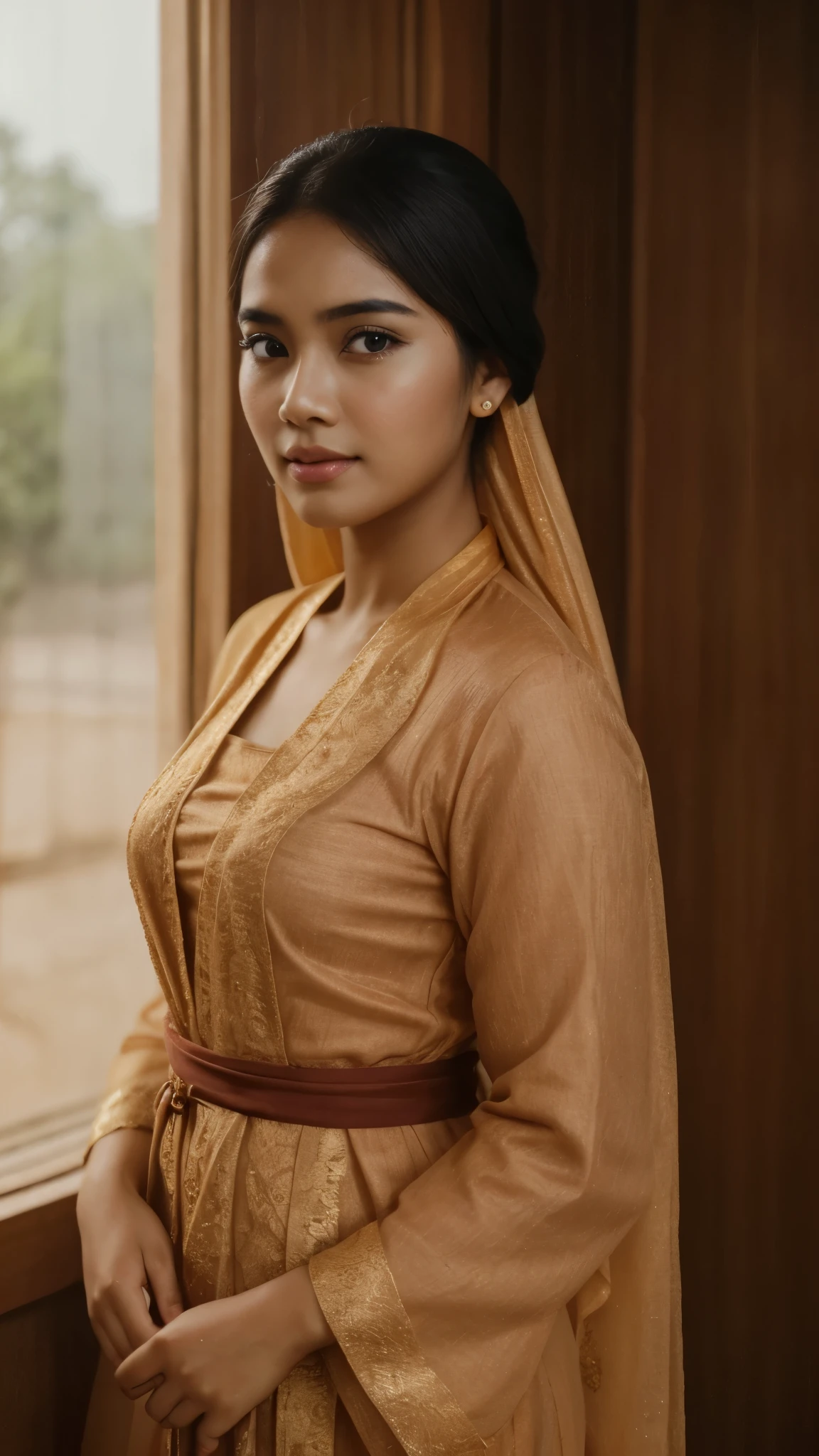 Generate an image of a typical Malay girl in hijab with a natural dark skin tone, no make up, bare face, dark pale face, pucker lips, embodying the essence of a malay setting, potray her as a common malay malay girl, wearing baju kebaya, 8mm, establishing shot, cool-toned color grading, depth of field, film noir. 