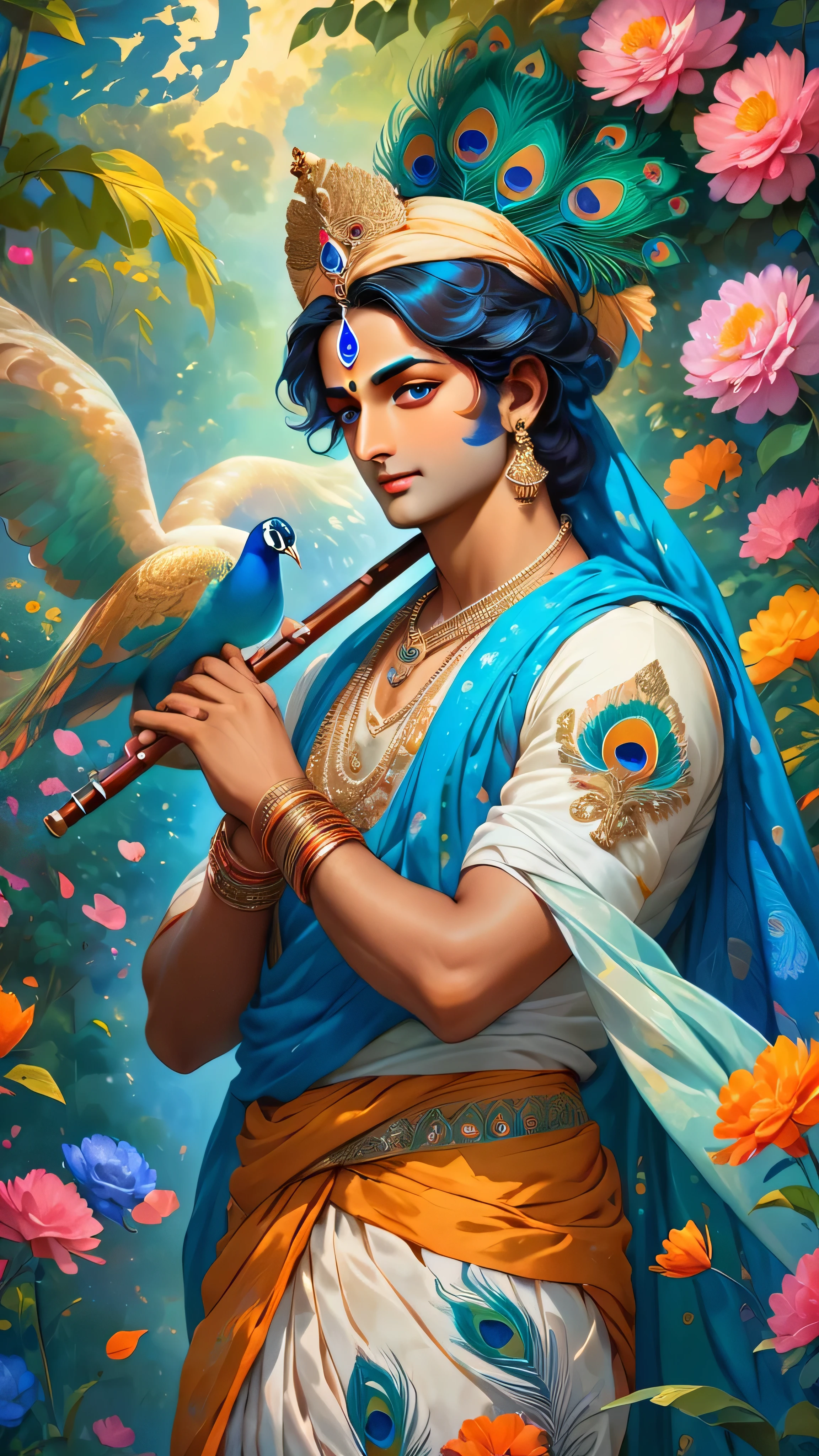"A highly detailed portrait of Lord Krishna standing gracefully, holding a flute in his hand. He is wearing a traditional, embellished dhoti and ornate jewelry, with a peacock feather in his crown. His skin has a radiant blue hue, and his posture is calm and serene. The setting features a vibrant floral background with soft petals, blooming flowers, and lush greenery, while a peacock stands near him. The lighting is warm and ethereal, casting a soft glow on his divine figure. His expression reflects peace and compassion. The style is a blend of classical Indian art and Renaissance realism, featuring intricate details, vibrant colors, and a divine, glowing aura."