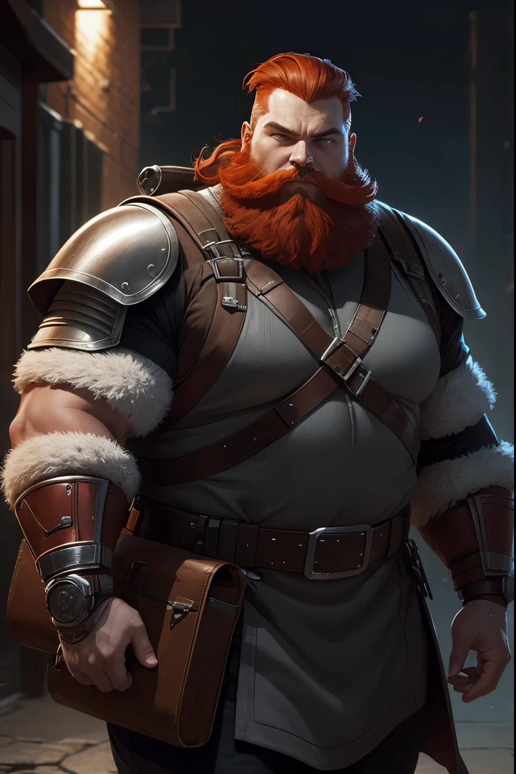 Red-haired sci-fi RPG man with gray locks, carries a large backpack and wears light leather sci-fi armor, has a medium beard, his right arm is bionic, strong and fat, big man, fat and strong man

