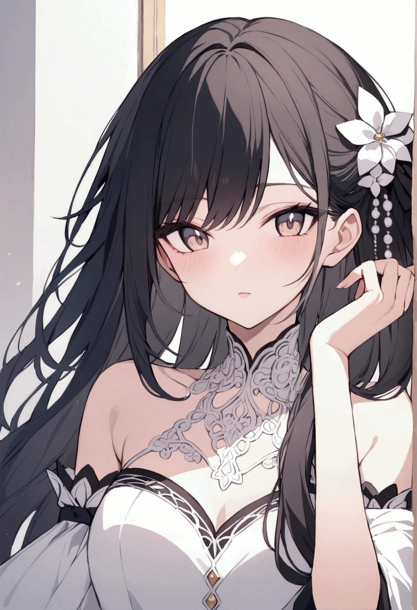 (((masterpiece))), (((Highest quality))), ((Very detailed)), ((Ultra-fine illustrations)), ((Ultra-fine painting)), (16K Highest quality wallpaper:1.4), (Upper Body:1.6), High resolution, (Highly detailed and subtle illustration style:1.8), Detailed skin texture, Detailed cloth texture, Very detailed説明, (Tmasterpiece), (Very detailed顔:1.2), (very fine and beautiful eyes:1.2), RAW Photos, Professional, Intricate details, Super detailed, Direct sunlight:1.6, (Perfect Anatomy:1.4), (Extremely elaborate hands:1.2), (Very detailed指:1.2), (Very dexterous fingers:1.2), (16 years old), Genuine, (alone:1.6), (devil、Black ruffled dress。:1.4) brake, Very small horns on the head, (Beautiful, well-shaped medium breasts:1.2), (Beautiful and shapely ass), (Black Hair, Loosely wavy semi-long hair:1.2), (Clear black eyes that shine beautifully in every detail:1.6), (Very delicate and sensitive eyes:1.2), (Very detailed顔:1.4), (smile:1.3), (blush:1.2), (Show Viewer:1.4) brake