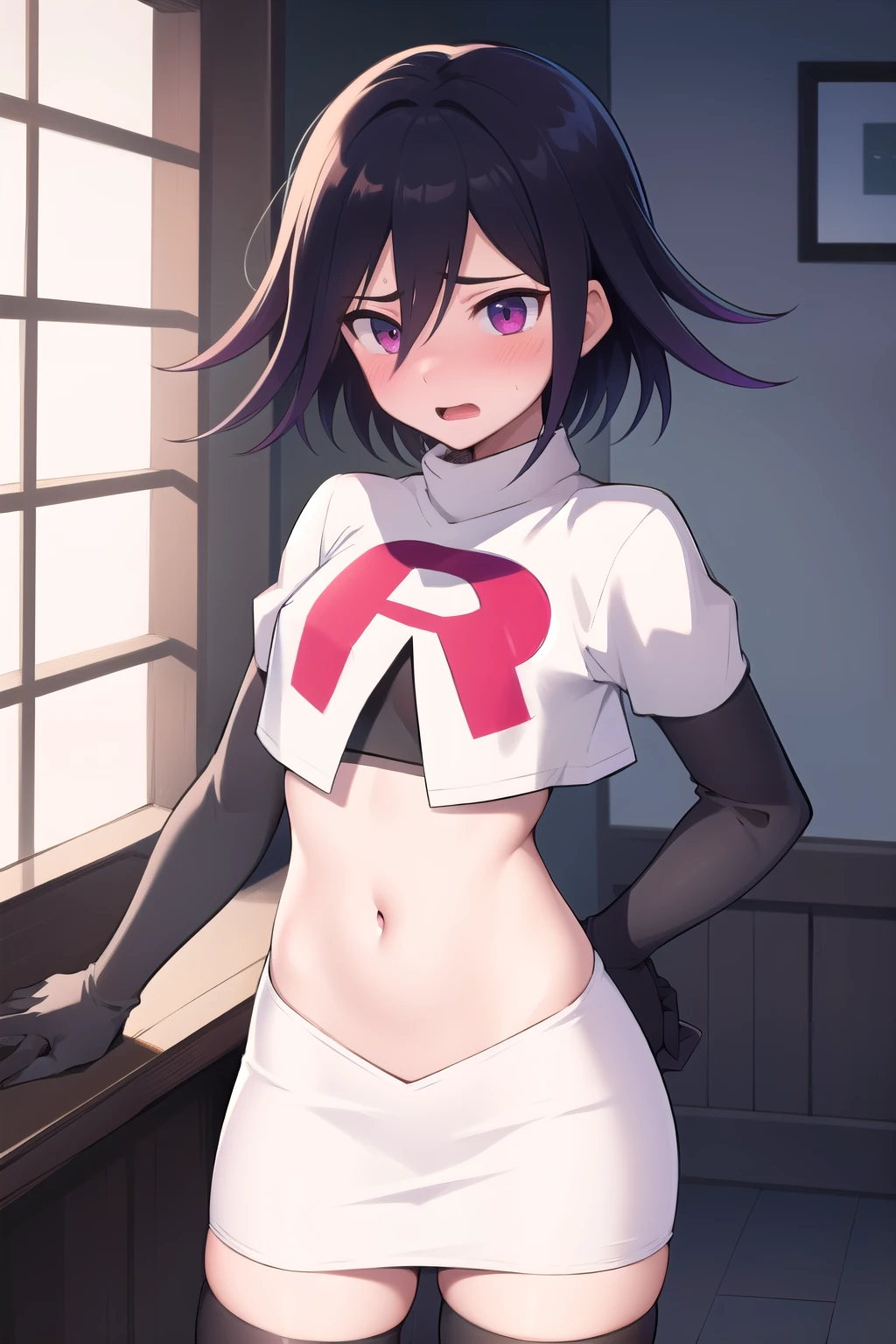 absurdres, cowboy shot, solo, male focus, trap, 1boy, crossdressing,1boy, oma kokichi, team rocket,team rocket uniform,white skirt,red letter R,crop top,black thigh-highs,black elbow gloves, embarrassed, blush