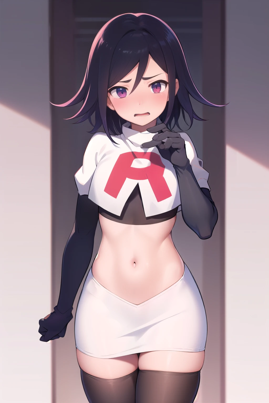 absurdres, cowboy shot, solo, male focus, trap, 1boy, crossdressing,1boy, oma kokichi, team rocket,team rocket uniform,white skirt,red letter R,crop top,black thigh-highs,black elbow gloves, embarrassed, blush