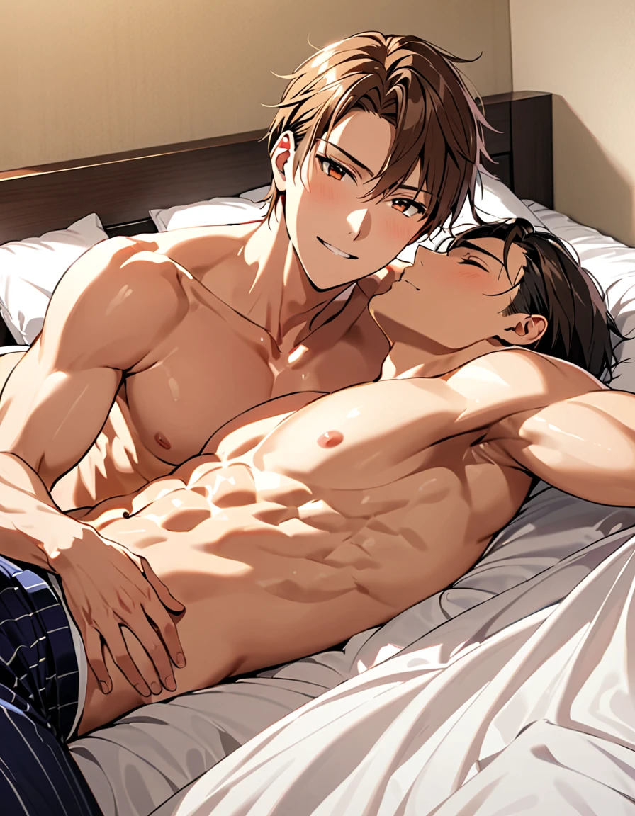 A two man naked lying on the bed with fruits around him, a black hair man with glittering skin and beautiful eye and kissable lips, right anatomy, symmetrical body, huge penis, Asian man, big dick, gay sex