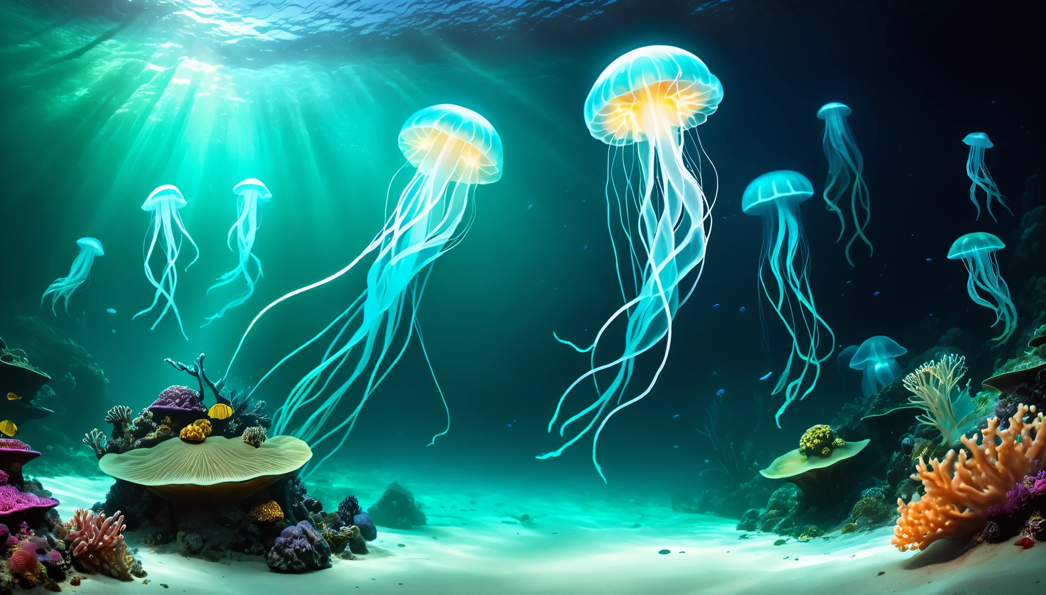 A tranquil underwater world, （（（No fish appear）））（（（No corals）））Alien aquatic life, Glowing marine life, , Otherworldly flora and fauna, Fascinating bioluminescent plankton, Ethereal glowing jellyfish, Surreal aquatic ecosystem, Mysterious wonders of the deep sea, Stunning Aquamarine Palette, Dramatic chiaroscuro lighting, Cinematic Lenses, Award-winning digital art, Hyperrealistic 5D rendering, Attention to detail, Stunning sense of scale，Present the whole picture（（（bright，）））（（（Clarity，HD，超HD ）））
