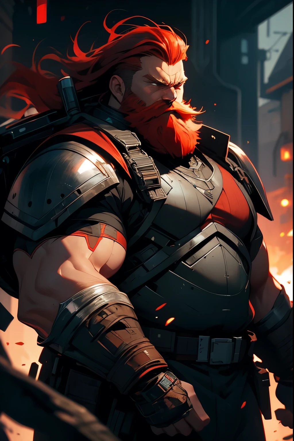 Red-haired sci-fi RPG man with gray locks, carries a large backpack and wears light leather sci-fi armor, has a medium beard, his right arm is bionic, strong and fat, big man, fat and strong man

