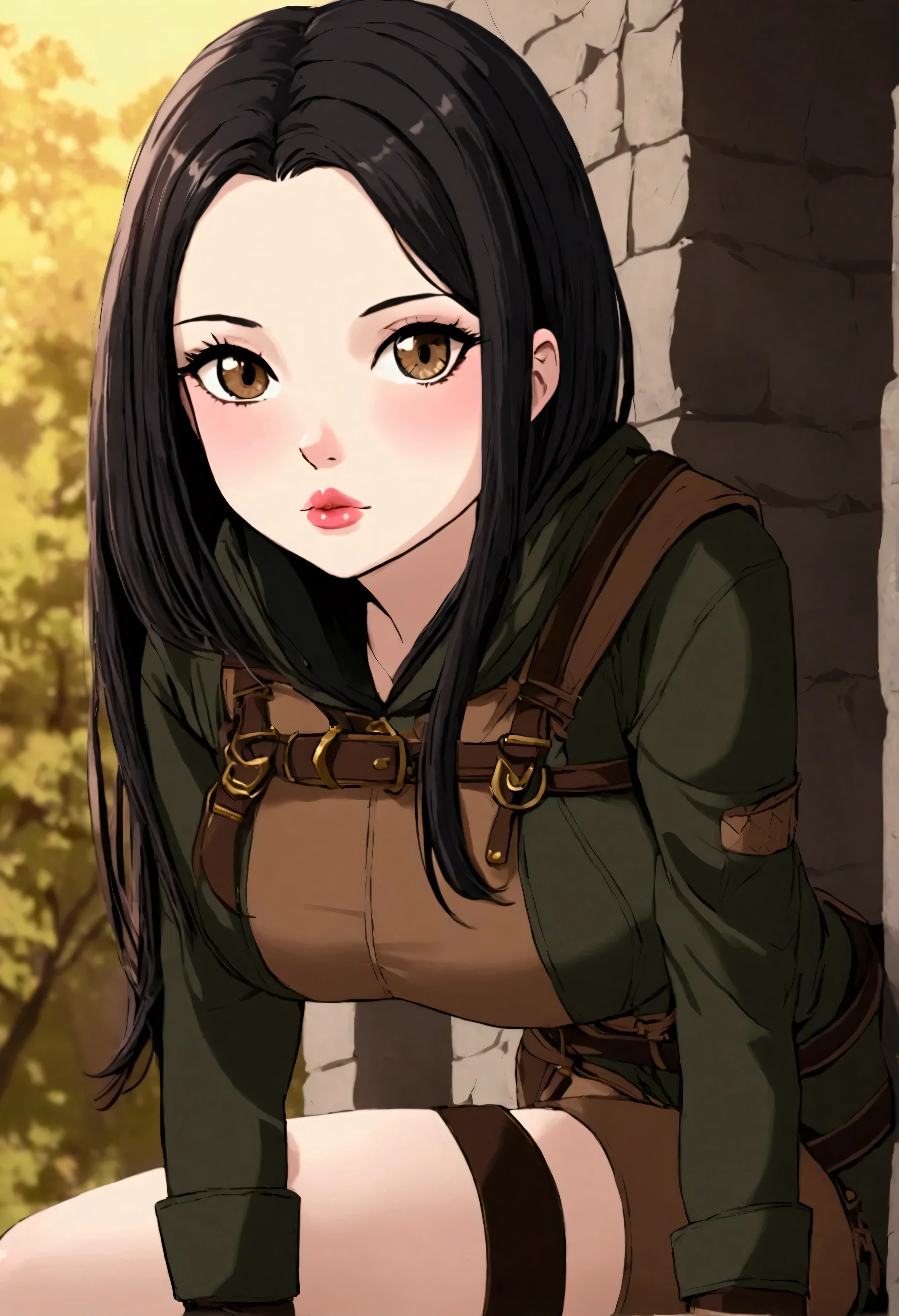 cute woman, pale skin, petite but sexy body, petite but has dense thighs, pink plumpy lip, has straight long black hair and dark brown eyes, looks cute but also bad, wears a hunter outfit in a fictional story