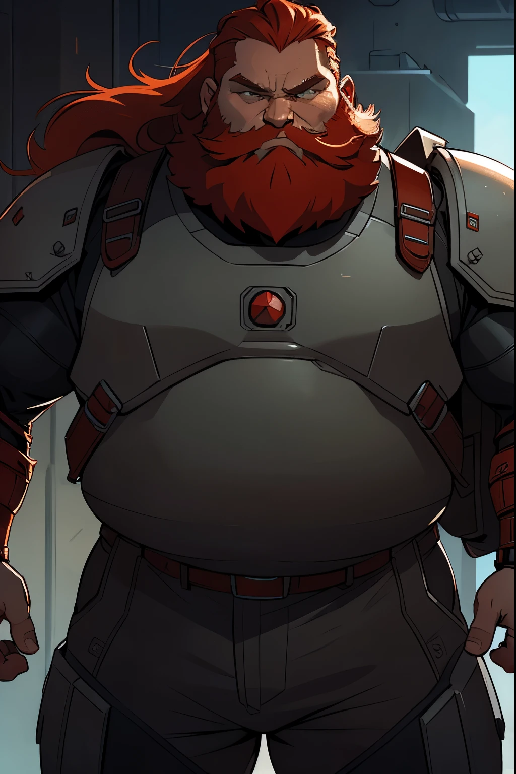 Red-haired sci-fi RPG man with gray locks, carries a large backpack and wears light leather sci-fi armor, has a medium beard, his right arm is bionic, strong and fat, big man, fat and strong man

