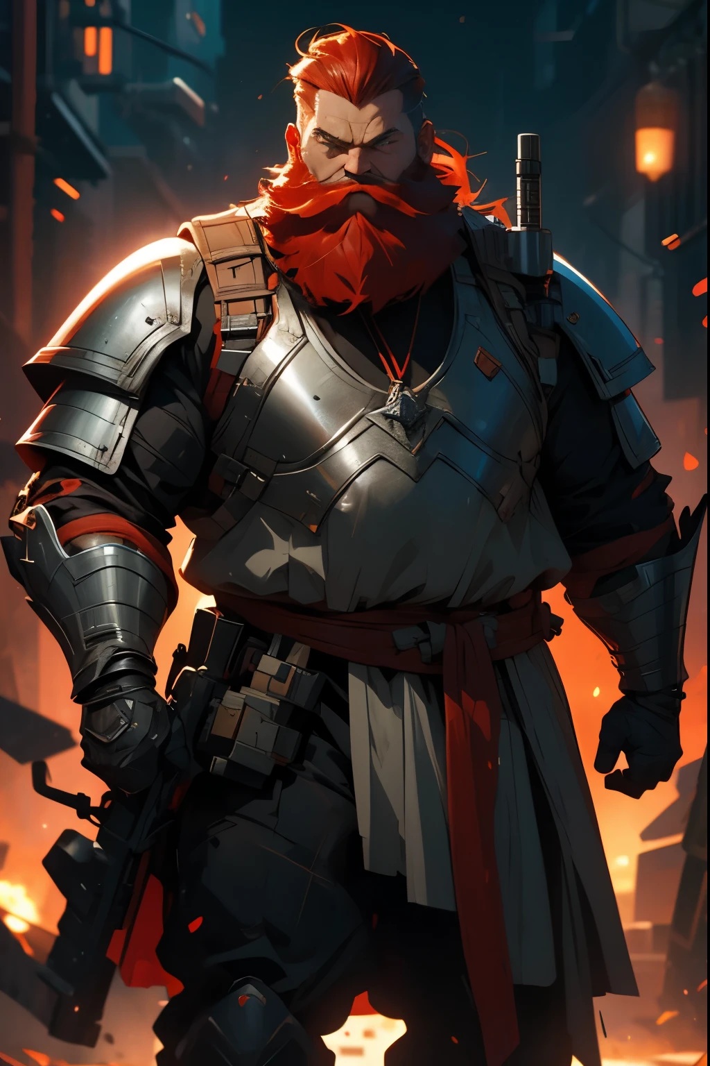 Red-haired sci-fi RPG man with gray locks, carries a large backpack and wears light leather sci-fi armor, has a medium beard, full body, his right arm is bionic, strong and fat, big man, fat and strong man, cenário medieval

