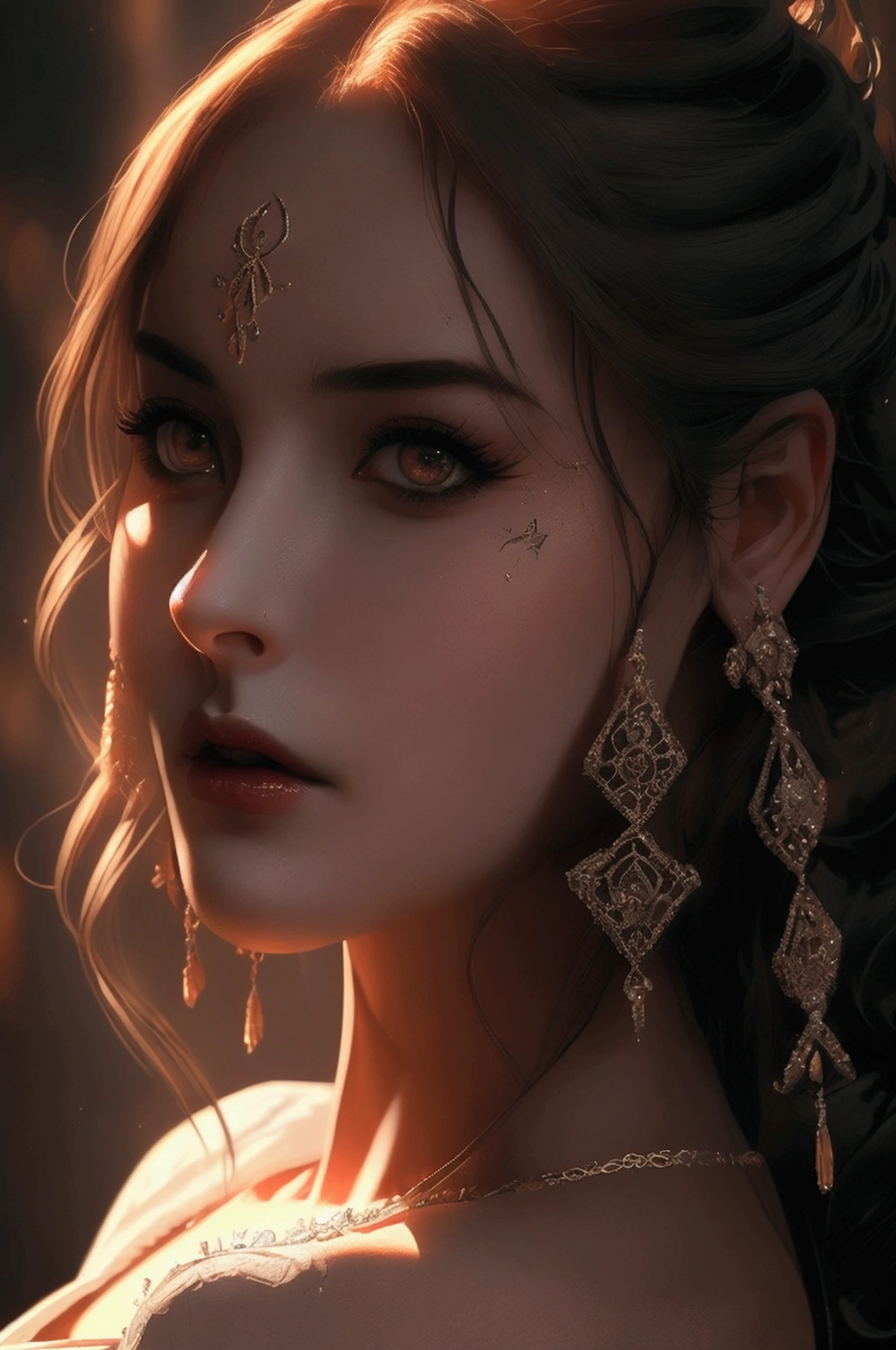 a loyal and protective mother, beautiful detailed eyes, beautiful detailed lips, extremely detailed eyes and face, long eyelashes, beautiful woman, attractive female, seductive look, sensual pose, tight dress, alluring expression, slowly seducing the viewer, (best quality,4k,8k,highres,masterpiece:1.2),ultra-detailed,(realistic,photorealistic,photo-realistic:1.37),dramatic lighting, chiaroscuro lighting, moody atmosphere, dark and sultry, deep and rich colors, dramatic shadows, cinematic composition