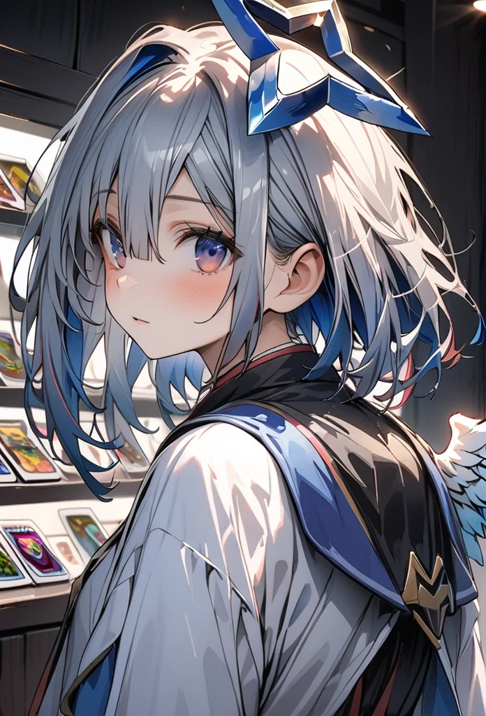 (1girl, (Amane Kanata:1.6), gradient hair, grey hair, blue hair, flat chest, Star Halo, star shaped angel ring, angel, (wing on back:1.4), (card shop clerk costume:1.4), card shop clerk girl, standing at the counter (ho****ve)), (Masterpiece: 1.3), best quality, 
 (Maximum Resolution: 1.2), 
 ultra-detailed, cinematic, details, 
 vibrant colors,
 dramatic lighting, 
 Perfect Beautiful Face, Perfect Beautiful Proportioned Body, (Detailed Eyes and Skin), (Detailed Facial Features), Accurate and Anatomically Correct Face and Body Balance, (Inside the card shop:1.3), A large number of TCGs lined up on the shelves, (long shot:1.4),
