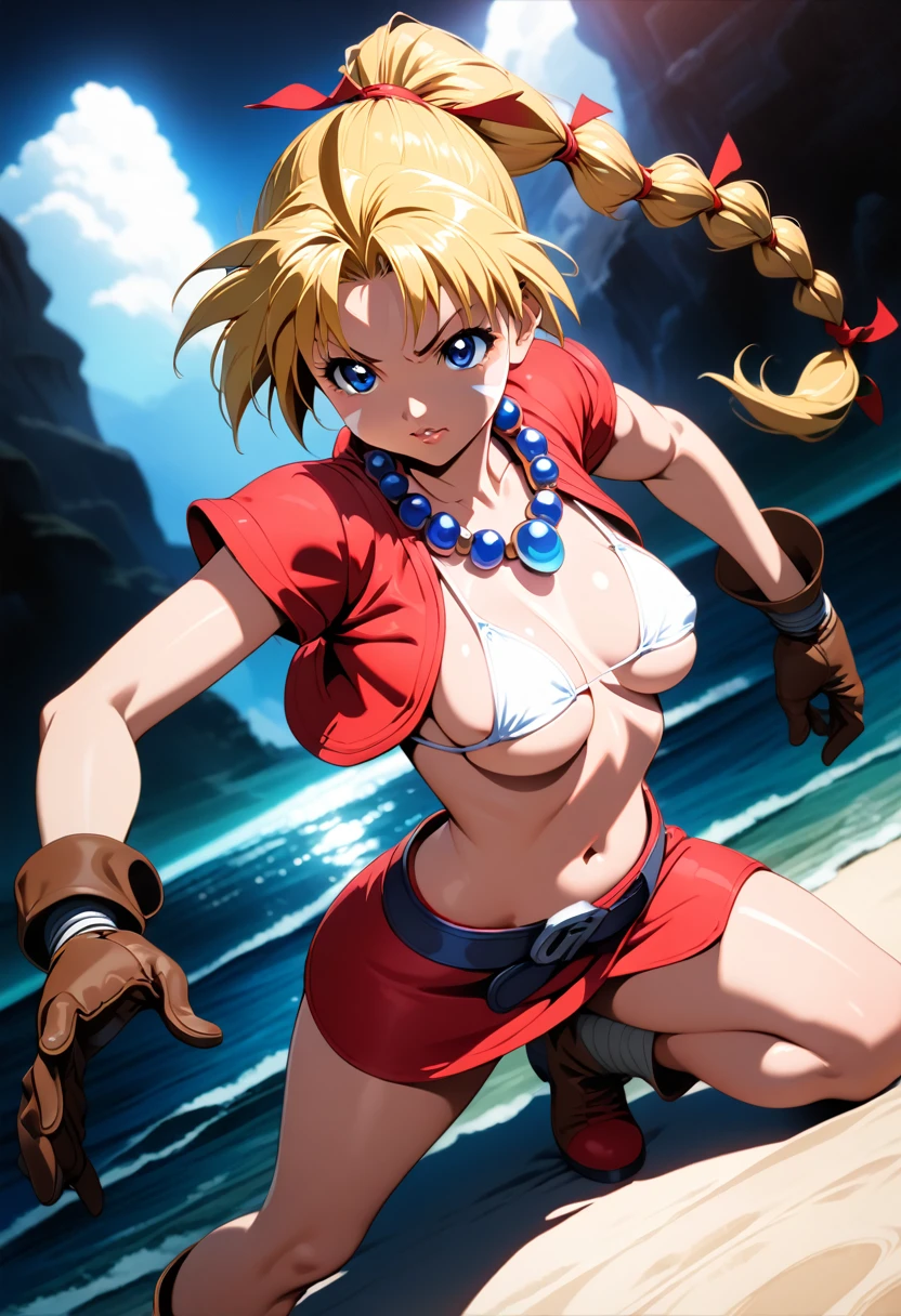 1 adult woman, solo, character "Kid" from chrono cross, ((mature face)), 20 years old, yellow hair in a high braided ponytail, (medium-small bust:1.4), navel, erect nipples under clothing, standing on white sandy beach, in various fighting poses, fitted jacket 3/4 cropped (red), tiny white mincrobikin top under jacket, tight fitting micro skirt (red), bikini underboob, loose leather boots, ankle wraps, detailed face, detailed eyes, detailed lips, highly detailed hands, 8k, UHD, ultra-detailed 90s era anime style, cinematic lighting, vivid colors, dramatic shadows, masterpiece, award winning art, wide angle, (full length portrait), (kdecc, ponytail, facial mark, necklace, crop top, vest, midriff, skirt, gloves), 